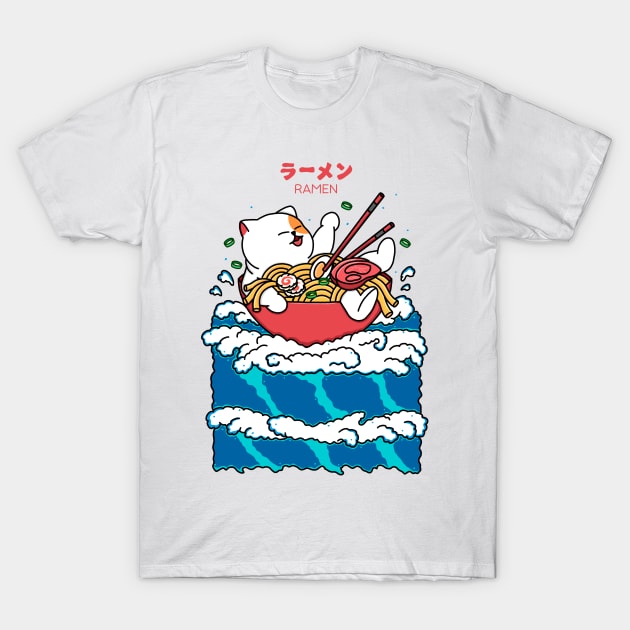 Cat and Ramen in the Wave T-Shirt by Kimprut